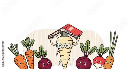 Vegetable Professor: Educated Parsnip Reads a Book with Smiling Carrot Friends