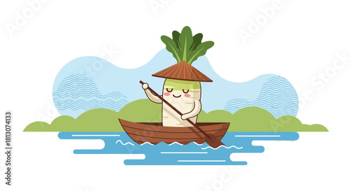 Vegetable Putter In A Boat With A Hat Sailing On The River Cartoon Illustration