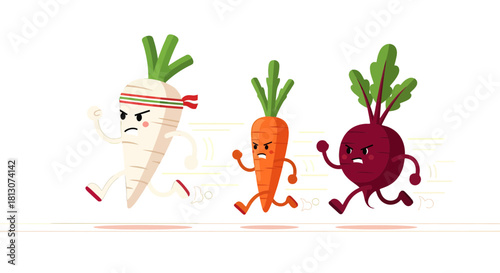Vegetable Race: Sprightly Carrots, Beets, And Parsnips Engaged In A Competitive Run