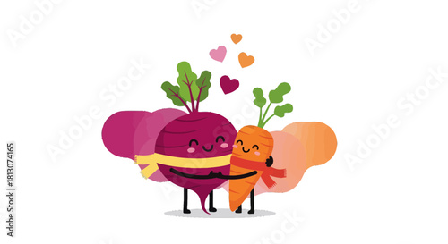 Vegetable Duo Embracing Each Other With Hearts Floating, Expressing Sweet Affinity And Passion