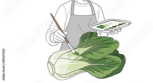 Vegetable Expression: An Artist's Brush Strokes on Fresh Bok Choy Illustration