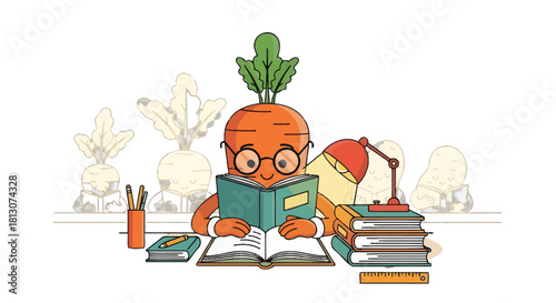 Vegetable Ensemble Reading, Studying, and Absorbing Knowledge with Books and Accessories