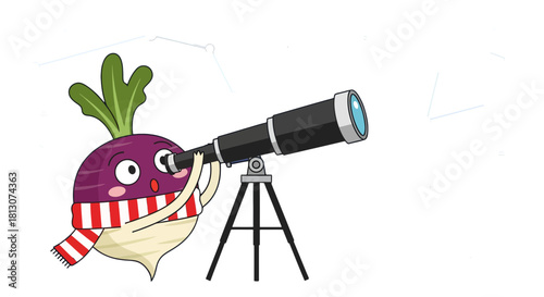 Vegetable Stargazer Admiring Celestial Bodies Through a Telescope Under a Dark Night Sky