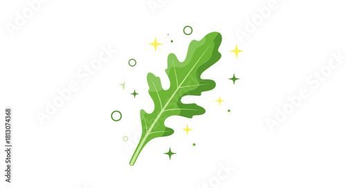 Vibrant Green Leaf Illustration with Sparkling Elements Against A Dark Background