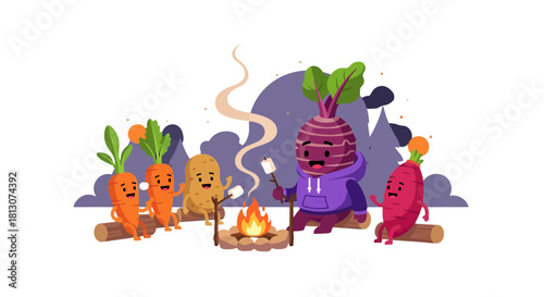 Vegetable Friends Gather Around a Campfire, Roasting Marshmallows During Night Camping