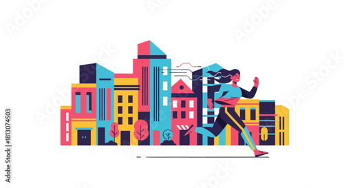 Vibrant Runner Through Colorful Cityscape: An Energetic Expression of Urban Fitness