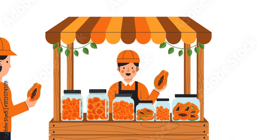 Vibrant Papaya Stall: Fresh Fruit Seller in a Sunny Outdoor Market Scene