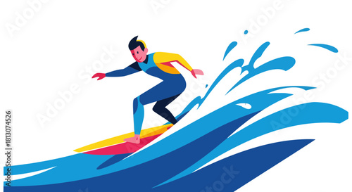 Vibrant Surfer Skillfully Riding Wave With Dynamic Style Illustration on Black Background