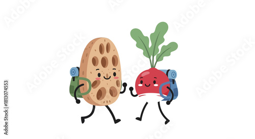 Vegetables Adventuring Together With Their Backpacks, Ready For Their Daily Exploration Journey