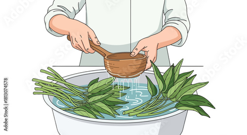 Washing Fresh Greenery: A Culinary Illustration with Water and Vegetables