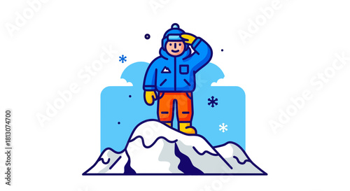 Winter Explorer Seeking Vast Vistas Of The Snowy Mountain Peak And The Horizon