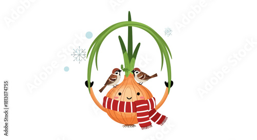 Wintery Onion Embraces Sparrows With Cozy Scarf And Festive Winter Embellishments