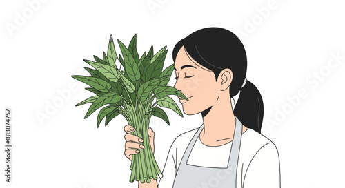 Woman Appreciating Fresh Green Vegetables, Holding and Smelling Aromatic Produce