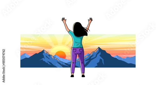 Woman Appreciating Scenic Sunset and Mountain Landscape In Vector Illustration Form