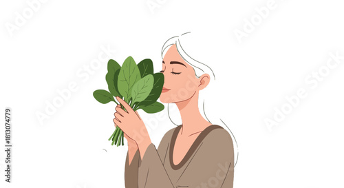Woman Appreciates the Scent of Fresh Spinach, Immersed In Deep Darkness