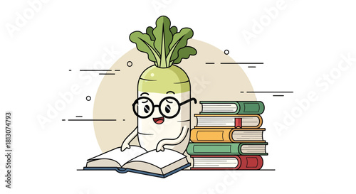 Wise Radish Character Delights in Books and Educational Pursuit of Knowledge Forever