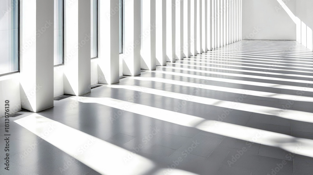 Obraz premium A minimalist, modern interior hallway with a row of white columns and large windows casting strong, geometric shadows across the floor.