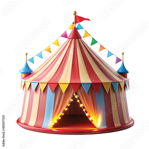 Circus Tent Miniature With Bright Flags: Vibrant miniature circus tent with colorful triangular flags and spotlight glow, ultra sharp PNG, whimsical vibe.