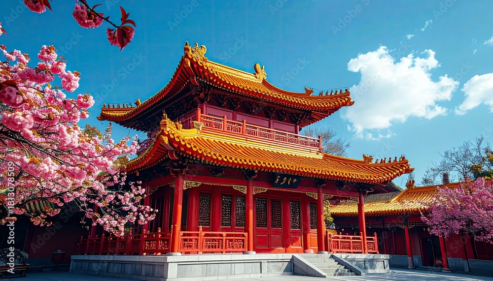 Naklejka premium A traditional red Chinese temple with intricate golden roofs is surrounded by blooming pink cherry blossom trees on a bright, sunny day.