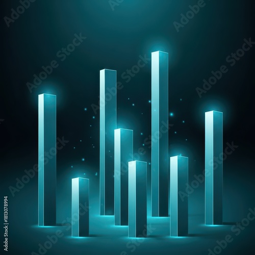 Glowing cyan rectangular pillars rise from a dark surface in abstract three dimensional arrangement