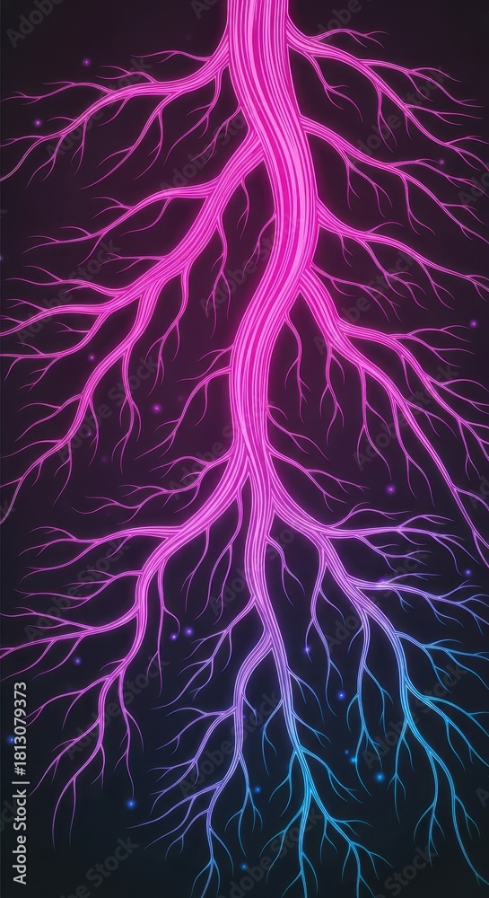 Obraz premium Illuminated branching structure displays vibrant neon gradient transition from magenta to cyan