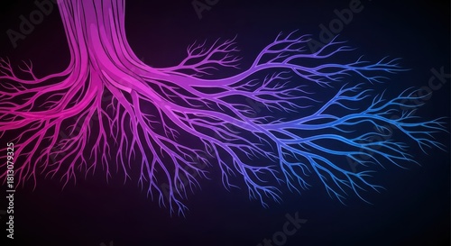 Intricate network of illuminated, branching structures spreads across a dark background with a color gradient.