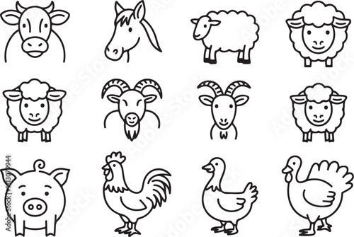 Collection of hand drawn farm animal illustrations on white background