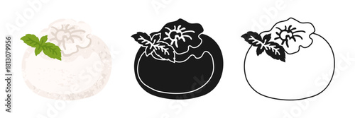 Mozzarella or Burrata Cheese hand drawn cartoon illustration. Burrata cheese with knot and fresh basil leaves simple stylized symbols set. Vector design for food dairy projects, linear doodle icon