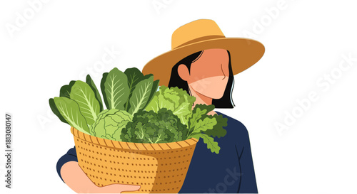 Woman Gardener Holding Basket With Fresh Produce Against A Black Backdrop