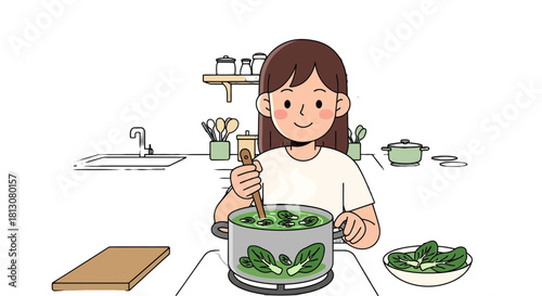 Woman Brewing a Delicious Soup in Her Kitchen, Creating a Healthy Meal Concept