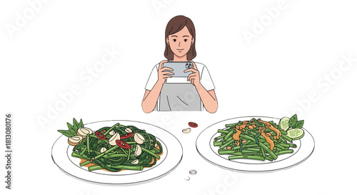 Woman Capturing Culinary Delight: Illustrated Dishes And Food Photography Aesthetic