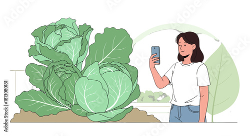 Woman Capturing Fresh Cabbage with Smartphone Concept in Modern Flat Illustration Style