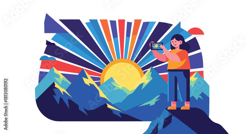 Woman Capturing Stunning Sunset Over Majestic Mountains In Vibrant Artistic Illustration