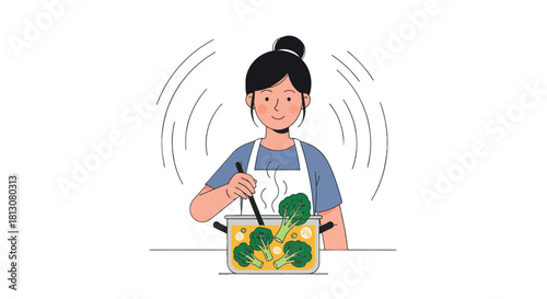 Woman Cooking Delicious Broccolli Soup in a Kitchen with Stylish Digital Illustration