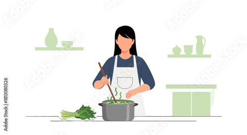 Woman Cooking Delicious Meal In Kitchen, Fresh Vegetables, Simple And Modern Illustration