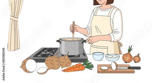 Woman Cooking Delicious Meal With Fresh Ingredients On The Stove Inside The Kitchen