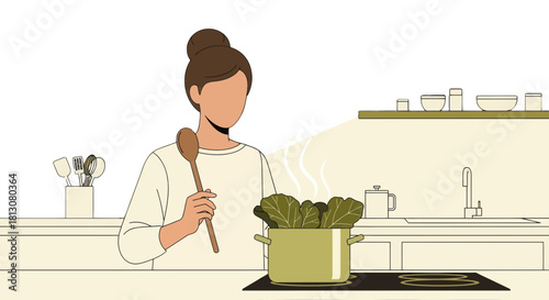 Woman Cooking Vegetarian Meal in a Kitchen Preparing Fresh Green Vegetables