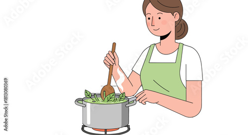 Woman Cooking Vegetarian Meal In Pot With Fresh Herbs On Black Background