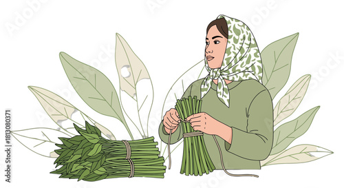 Woman Crafting Bundles Of Fresh Produce With Botanical Accoutrements And Serene Backdrop