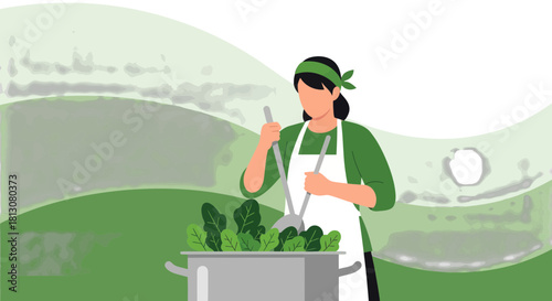 Woman Creating Delicious Fresh Dish with Green Vegetables in Kitchen Using Cooking Utensils