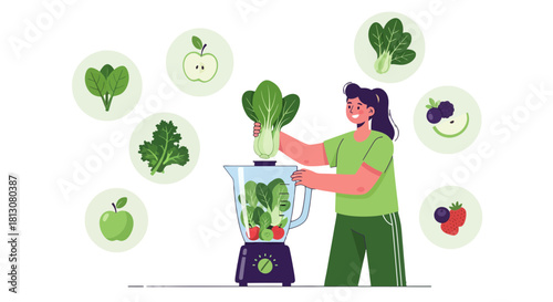 Woman Creating Healthy Smoothie Recipe With Fresh Fruits And Vegetables Composition