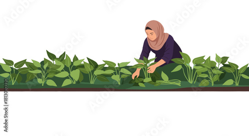 Woman Cultivating Lush Green Garden of Fresh Vegetables for Sustainable Harvesting