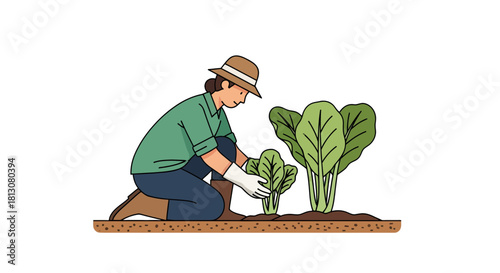 Woman Cultivating Plants In A Garden, An Illustration Depicting Gardening Activity