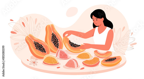 Woman Curating Fresh Papaya Slices on Display with Creative Artistic Style