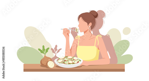 Woman Eating Salad Illustration On Black Backdrop With Artistic And Minimalist Elements