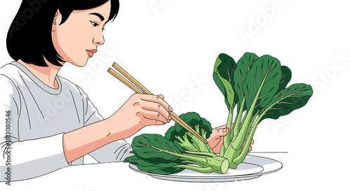 Woman Eating Fresh Green Vegetables With Chopsticks From A White Plate