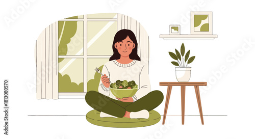 Woman Enjoying A Healthy Meal Indoors Next To a Window In A Relaxing Ambiance