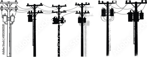 Electric utility poles with transformers, power distribution line silhouettes, energy infrastructure illustration set, overhead electrical grid system design elements
