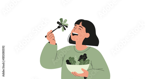 Woman Enjoying Delicious Green Salad Represents Healthy Eating and Dietary Choices