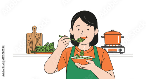 Woman Enjoying Healthy Vegetable Soup in a Kitchen with Cooking Essentials